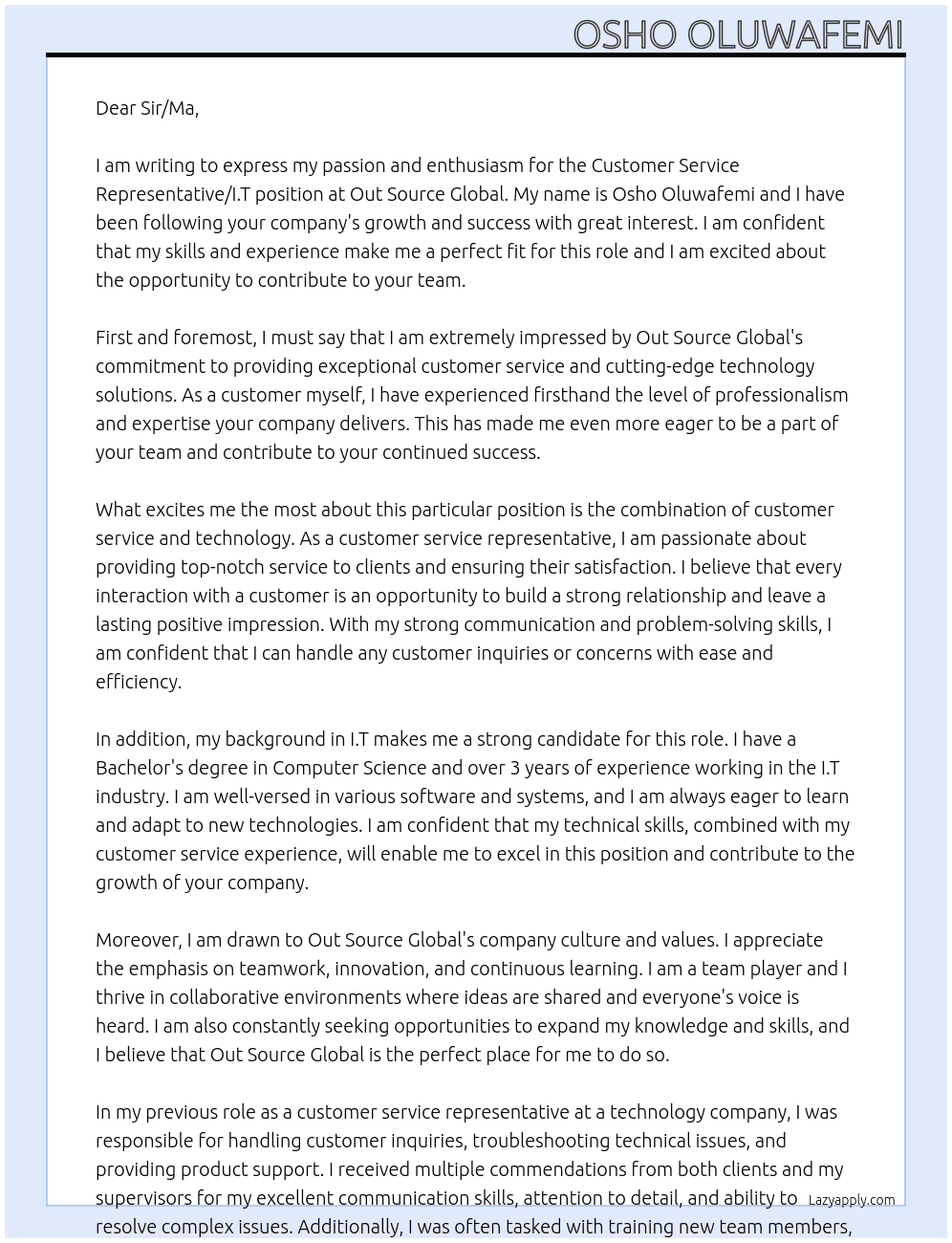 Customer  Service representative/I.T At Out Source Global Cover Letter