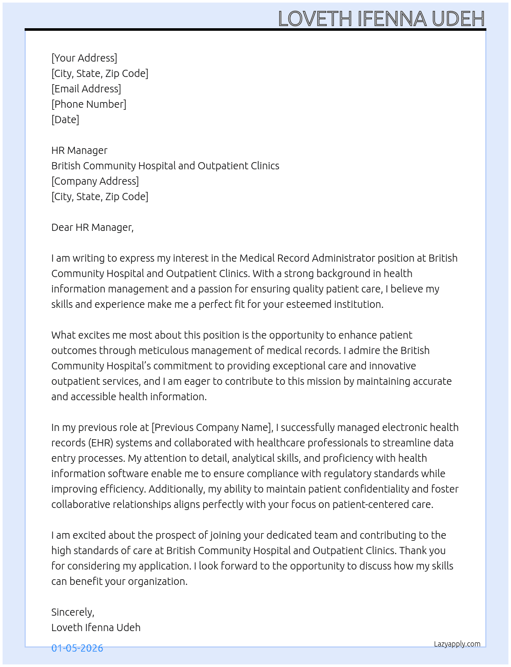 Cover letter for medical record administrator - LazyApply