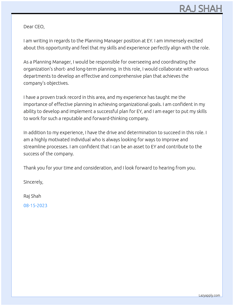 Planning Manager At EY Cover Letter