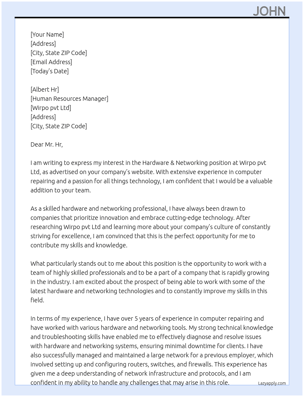 Hardware & Networking  At Wirpo pvt Ltd  Cover Letter