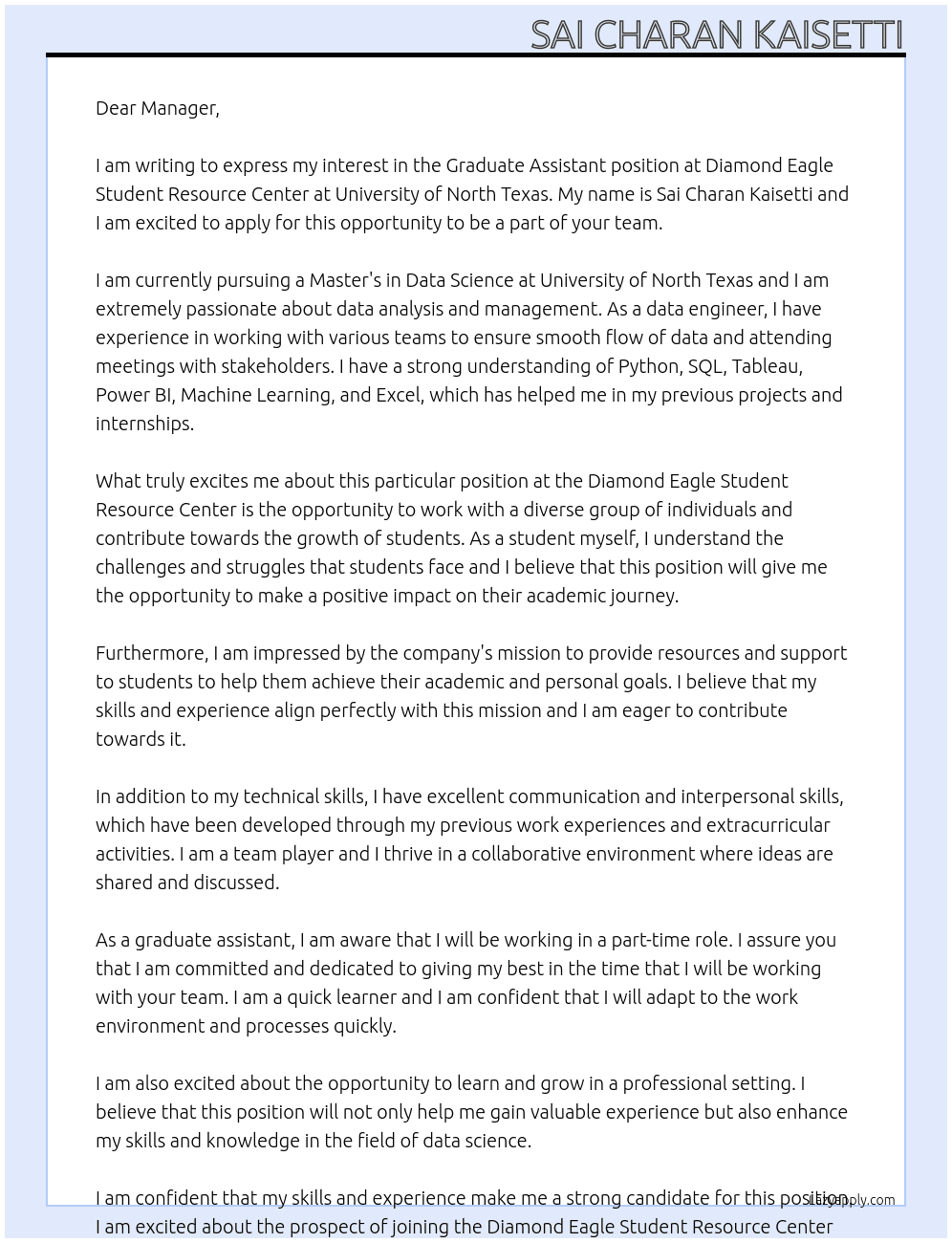 Graduate Assistant At Diamond Eagle Student Resource Center at University of North Texas Cover Letter