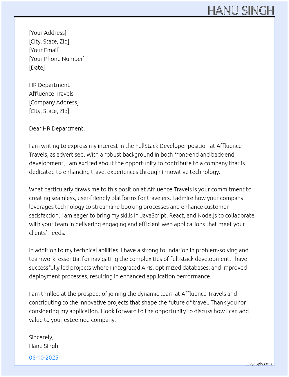 FullStack Developer At Affluence Travels Cover Letter