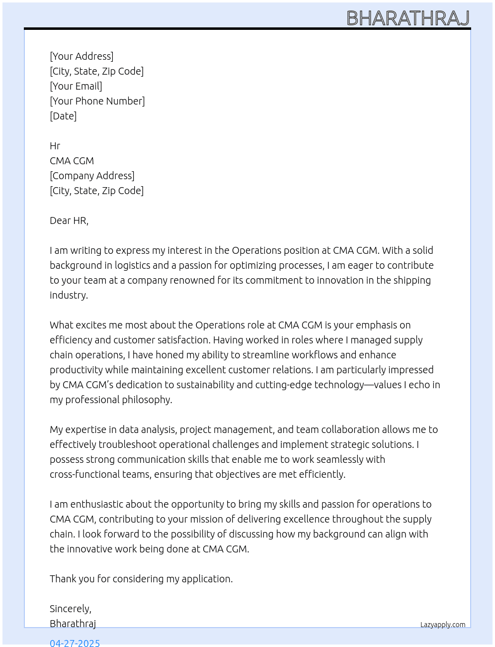 Operation At Cma cgm Cover Letter