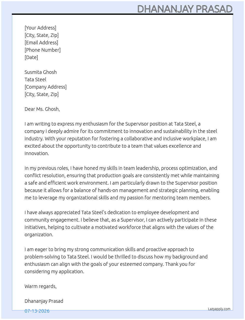 Cover letter for supervisor - LazyApply