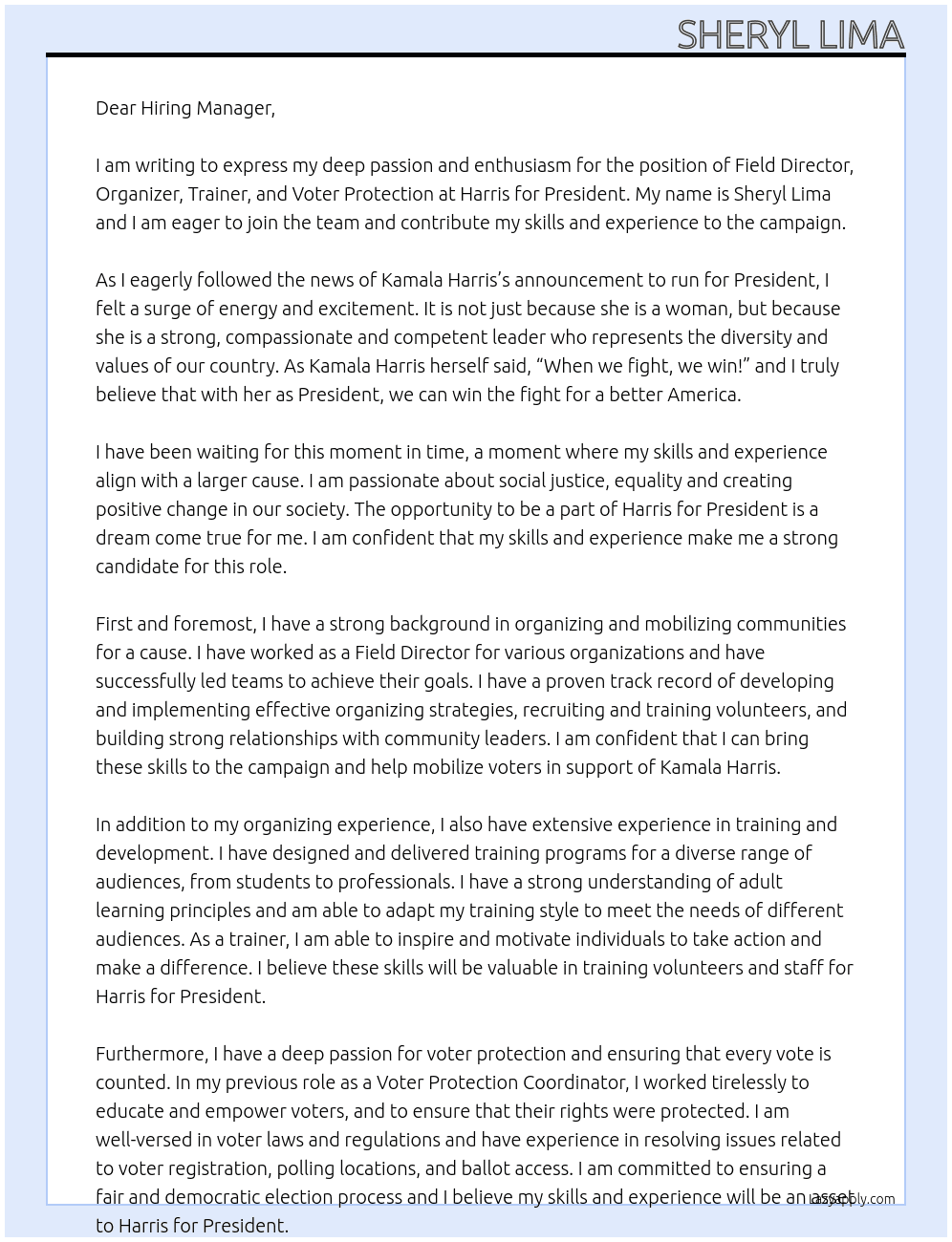 Field Director, Organizer, Trainer, Voter Protection, ext.  At Harris for President Cover Letter