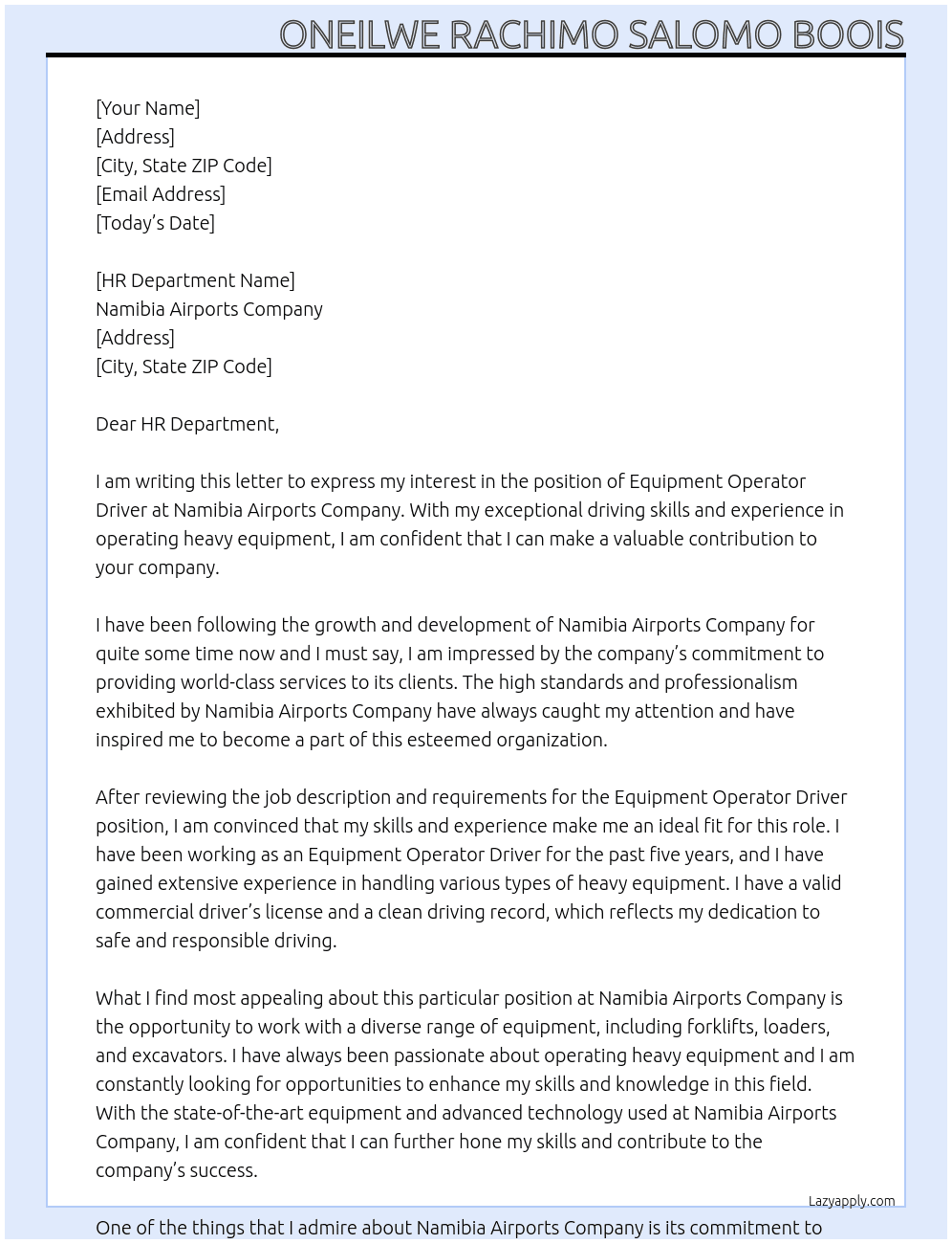 Cover letter for equipment operator driver - LazyApply