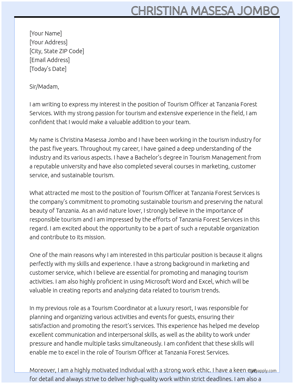 TOURISM OFFICER At TANZANIA FOREST SERVICES  Cover Letter