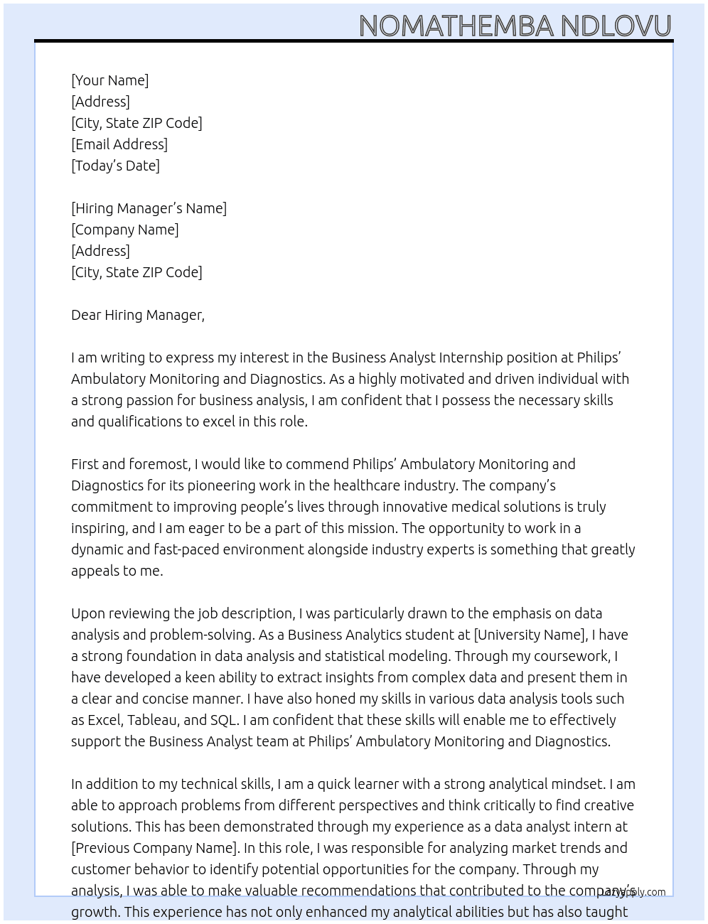 Business Analyst Internship  At Philips’ Ambulatory Monitoring and Diagnostics  Cover Letter