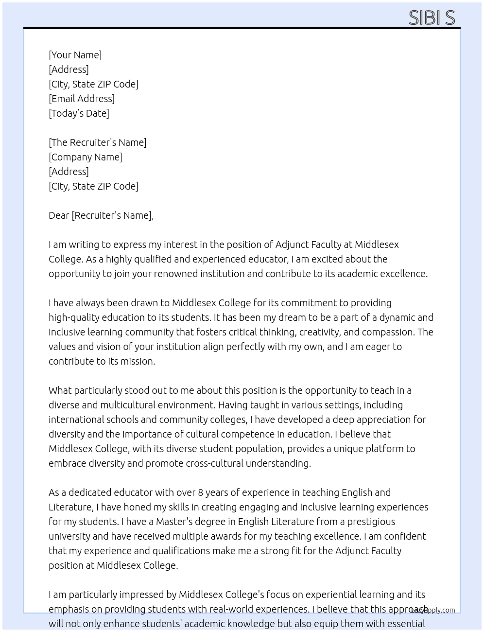 Adjunct Faculty At Middlesex College Cover Letter
