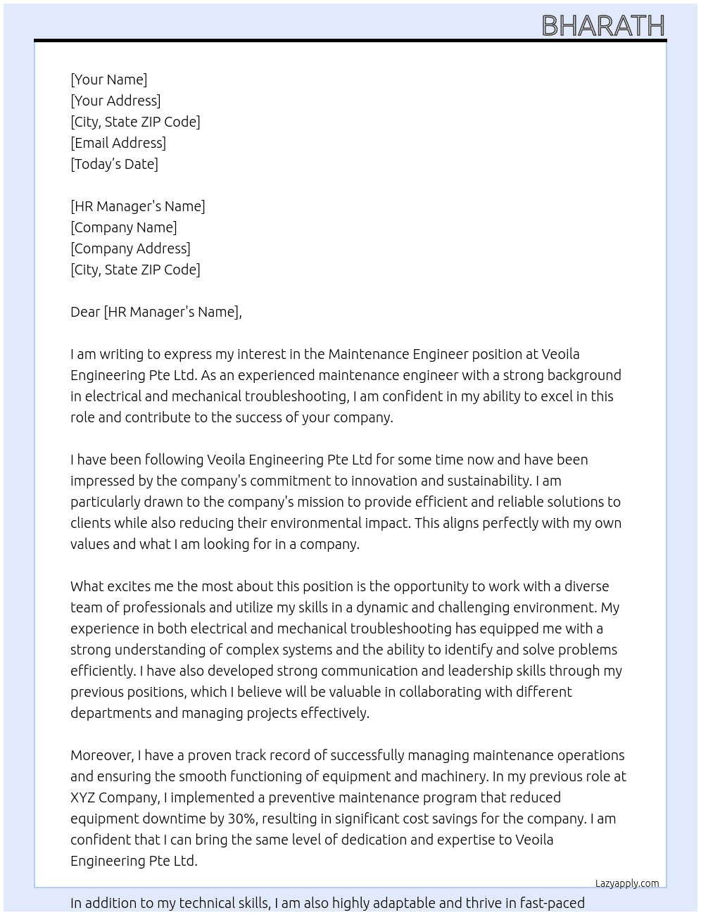 Maintenance Engineer  At Veoila engineering pte ltd Cover Letter