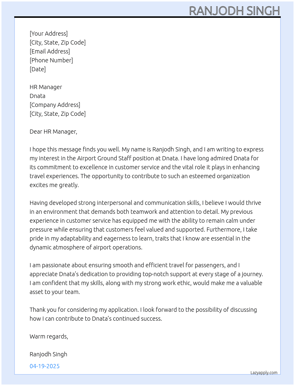 Airport ground staff At Dnata Cover Letter