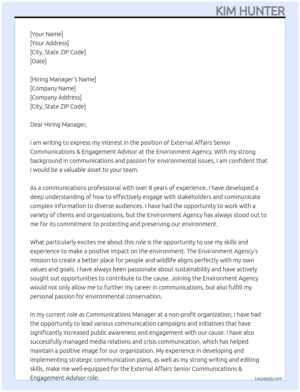 External Affairs Senior Communications & Engagement Advisor At Environment Agency Cover Letter