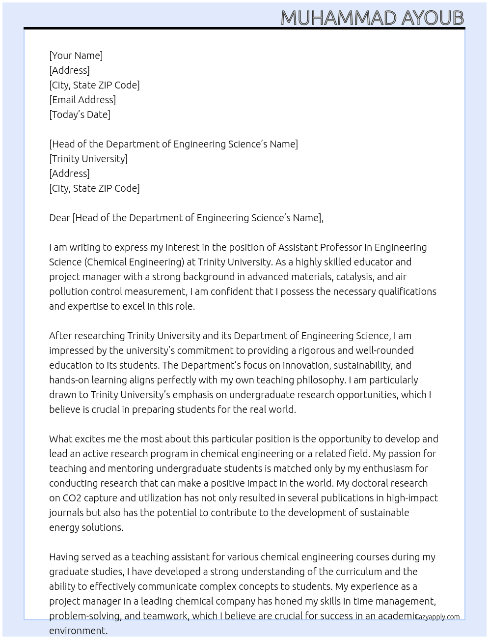Assistant Professor - Engineering Science (Chemical Engineering) At Trinity University Cover Letter