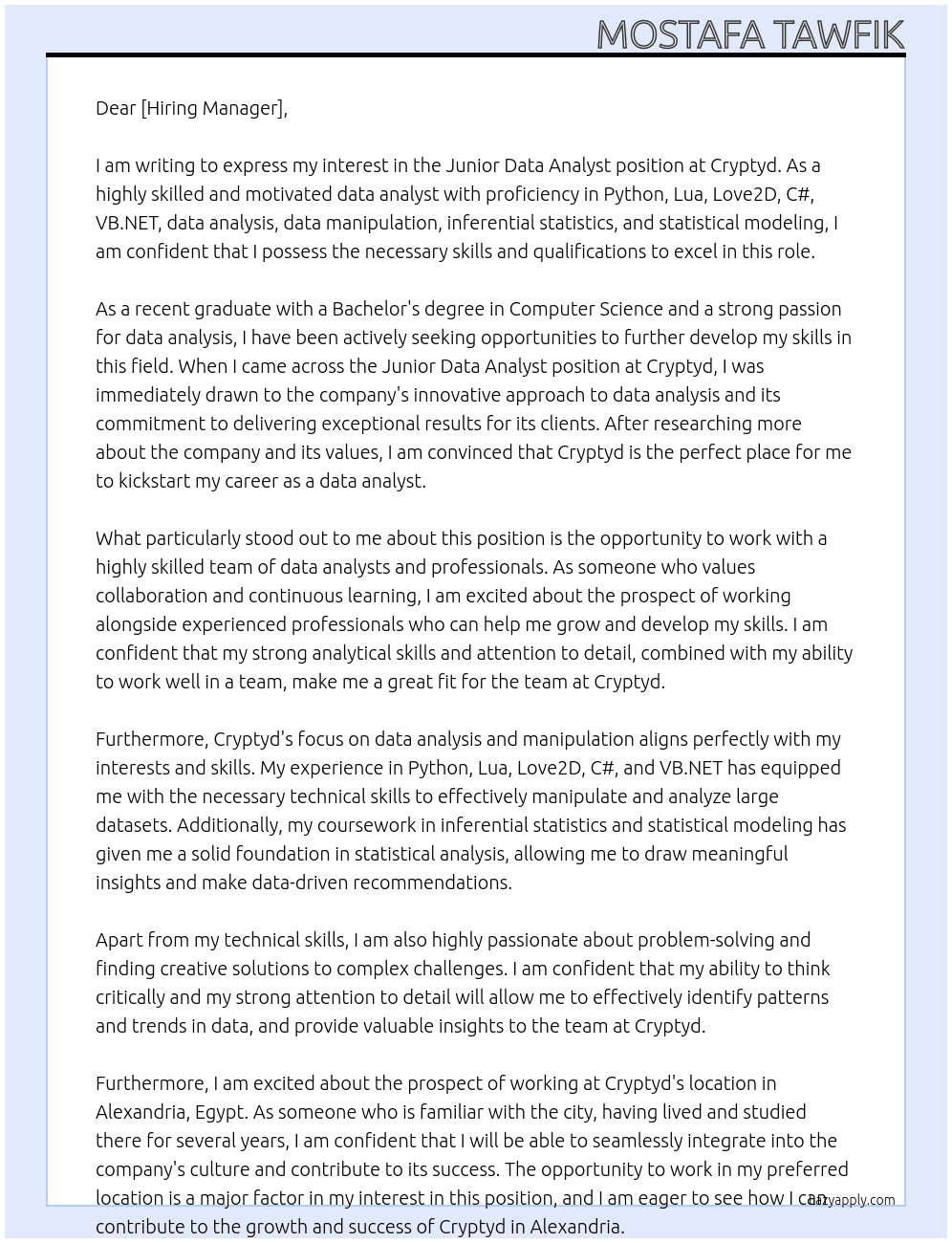 Junior Data Analyst At Cryptyd Cover Letter