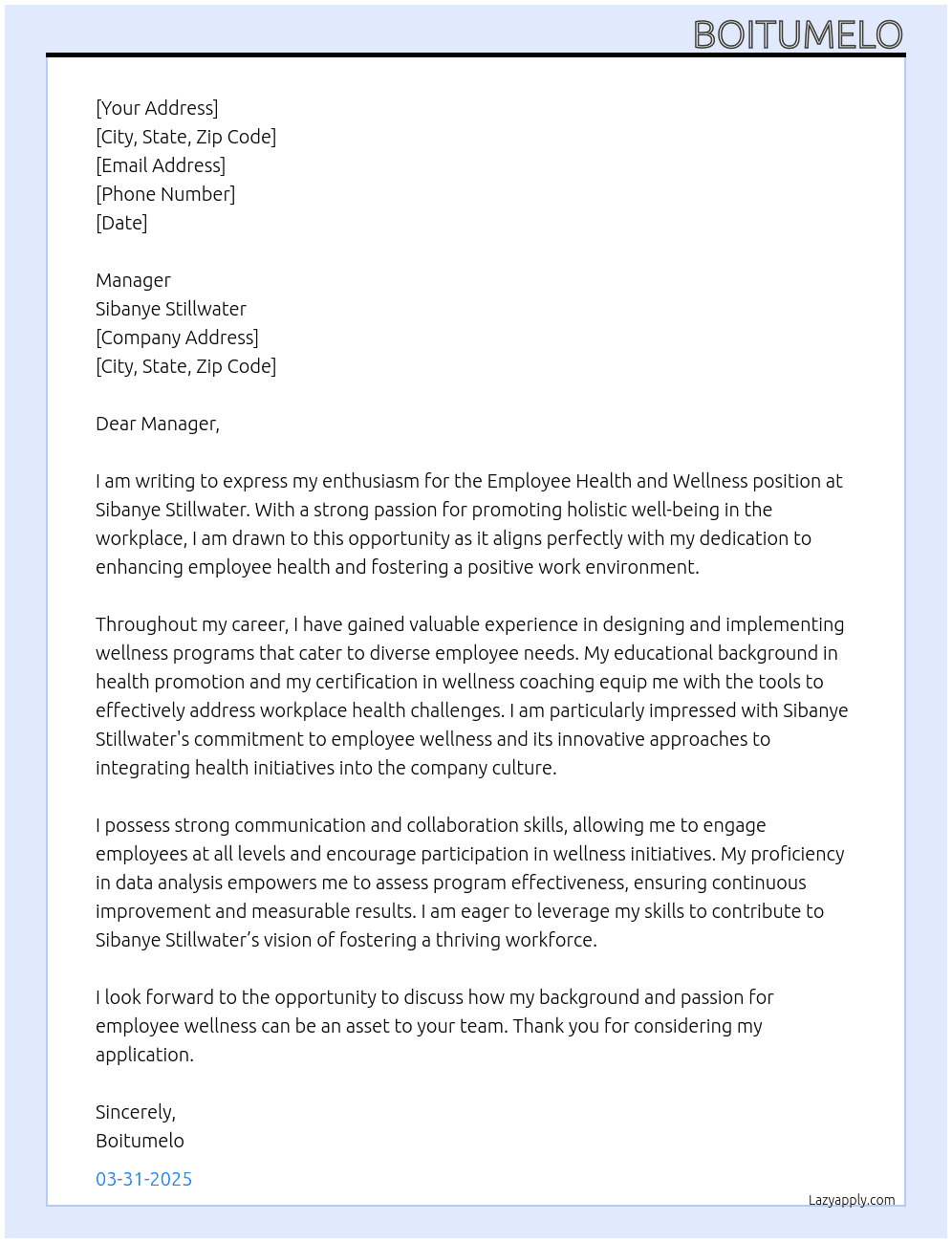 Employee health and wellness At Sibanye still water Cover Letter