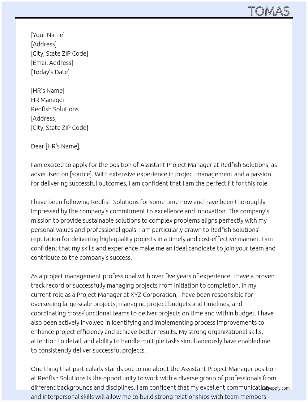 Assistant Project Manager At Redfish Solutions  Cover Letter