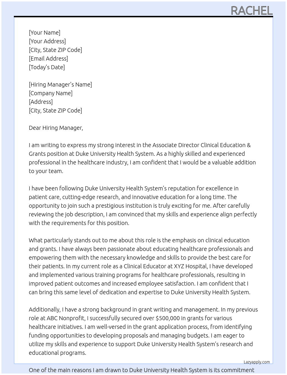Associate Director Clinical Education & Grants At Duke University Health System Cover Letter