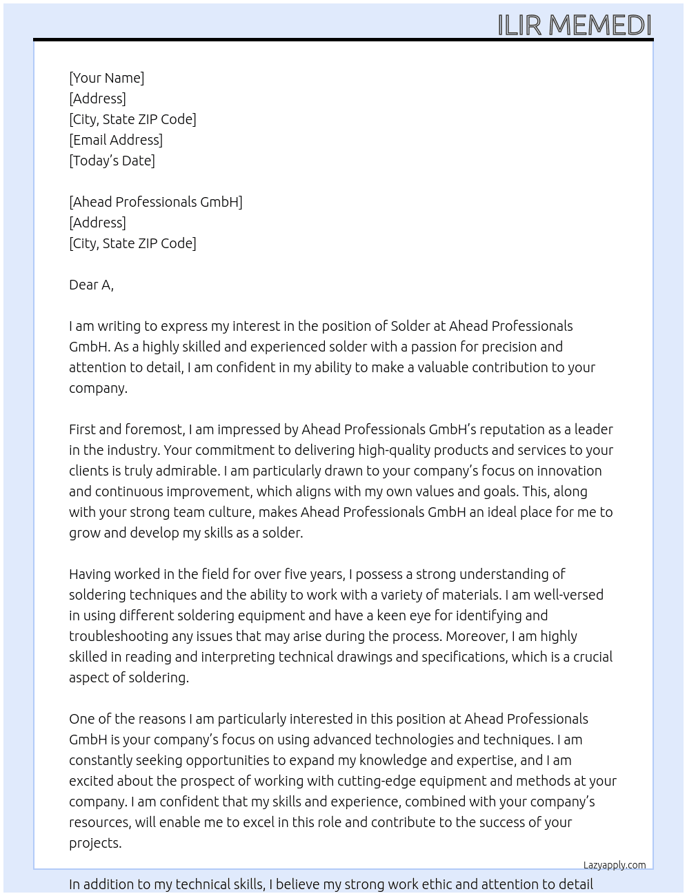 Solder At ahead professionals GmbH Cover Letter