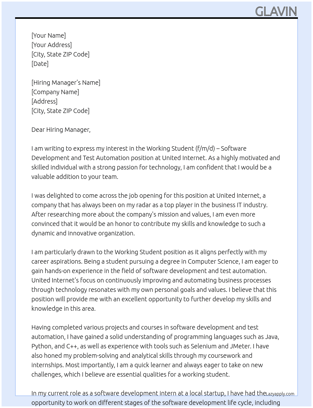 Working student (f/m/d) - Software development and test automation in Business IT At United Internet Cover Letter
