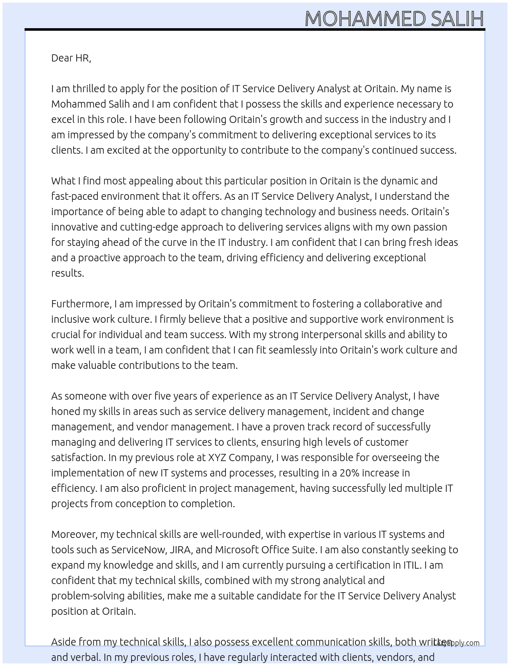 IT Service Delivery Analyst At oritain Cover Letter