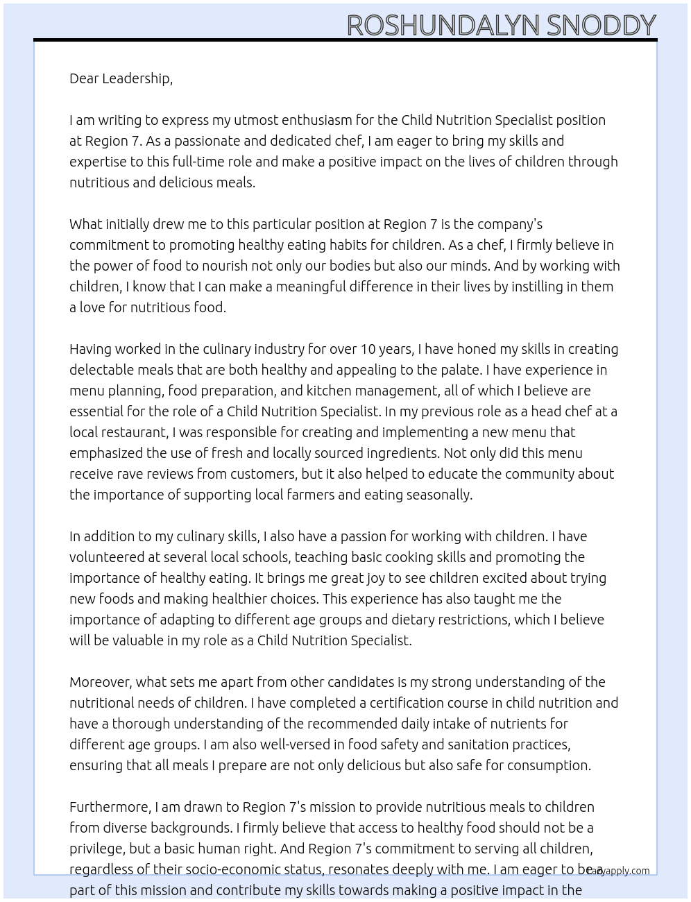 Child Nutrition Specialist At Region 7 Cover Letter