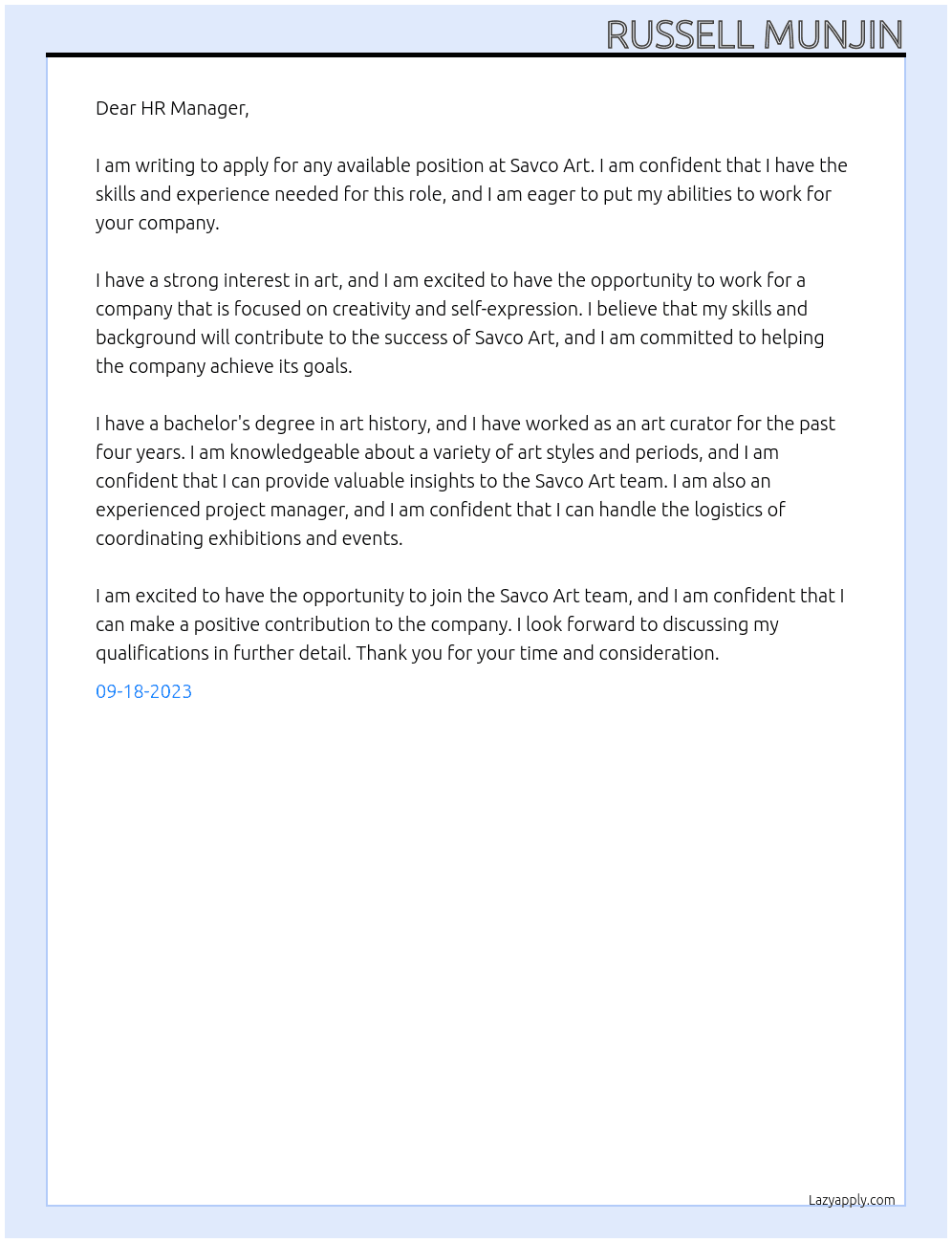 Any available position At Savco Art Cover Letter