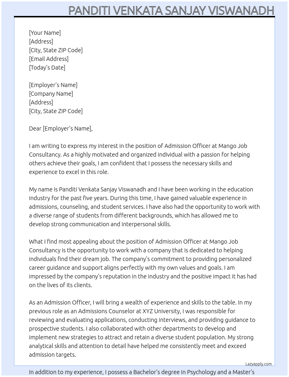 Admission officer At Mango job consultancy Cover Letter