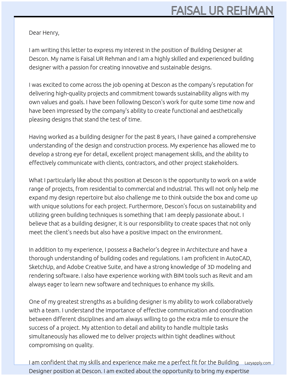 building designer At Descon  Cover Letter