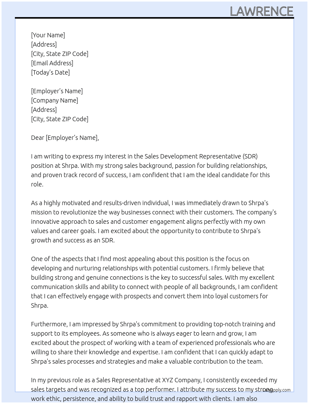 Sales Development Representative (SDR)  At Shrpa Cover Letter