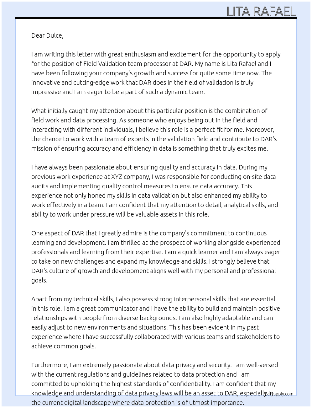  Field Validation team processor At DAR Cover Letter