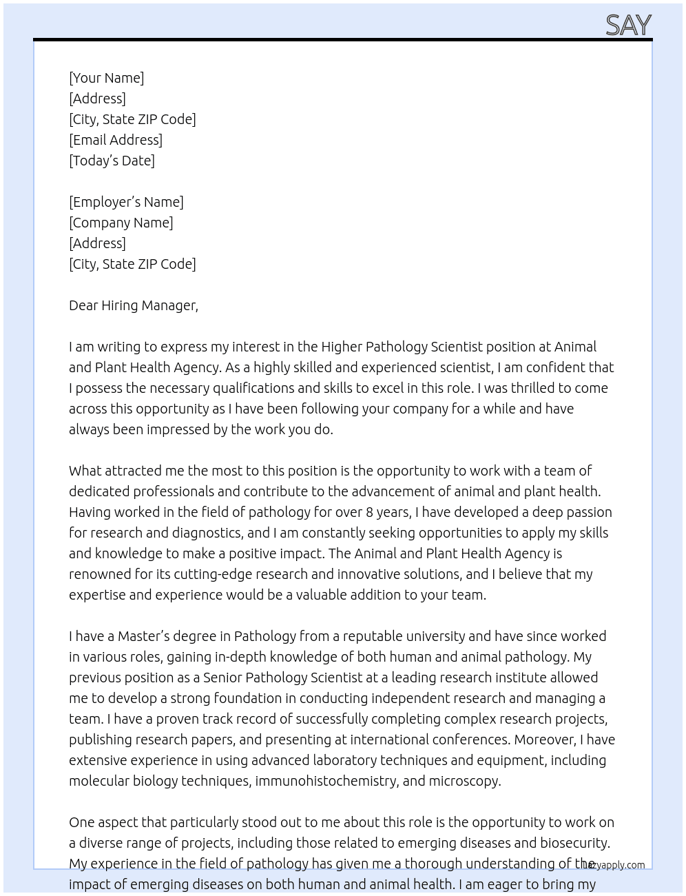 Higher Pathology Scientist At Animal and Plant Health Agency Cover Letter