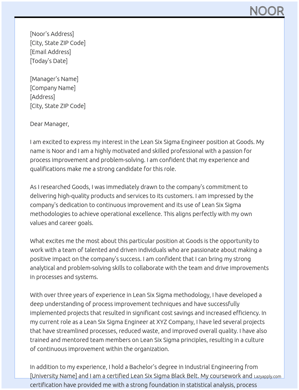 Lean six sigma engineer At goods Cover Letter