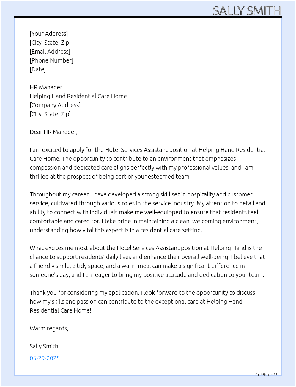 Hotel Services Assistant At Helping Hand Residential Care Home Cover Letter