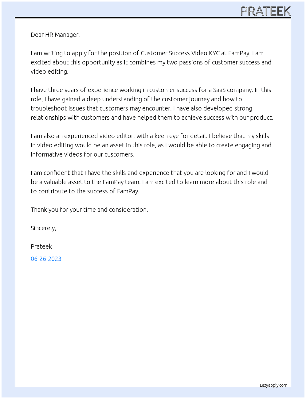 Customer success Video kyc At FamPay Cover Letter