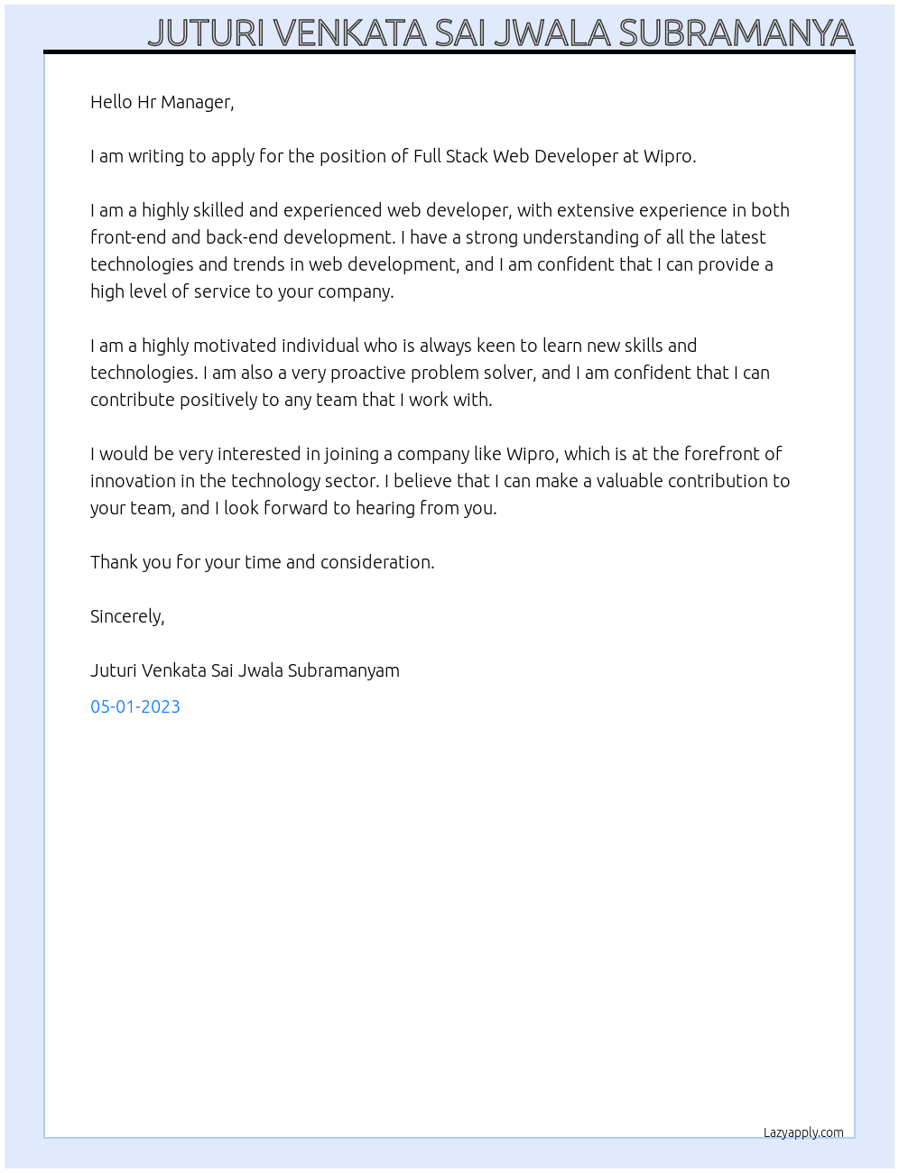 FULL STACK WEB DEVELOPER At WIPRO Cover Letter