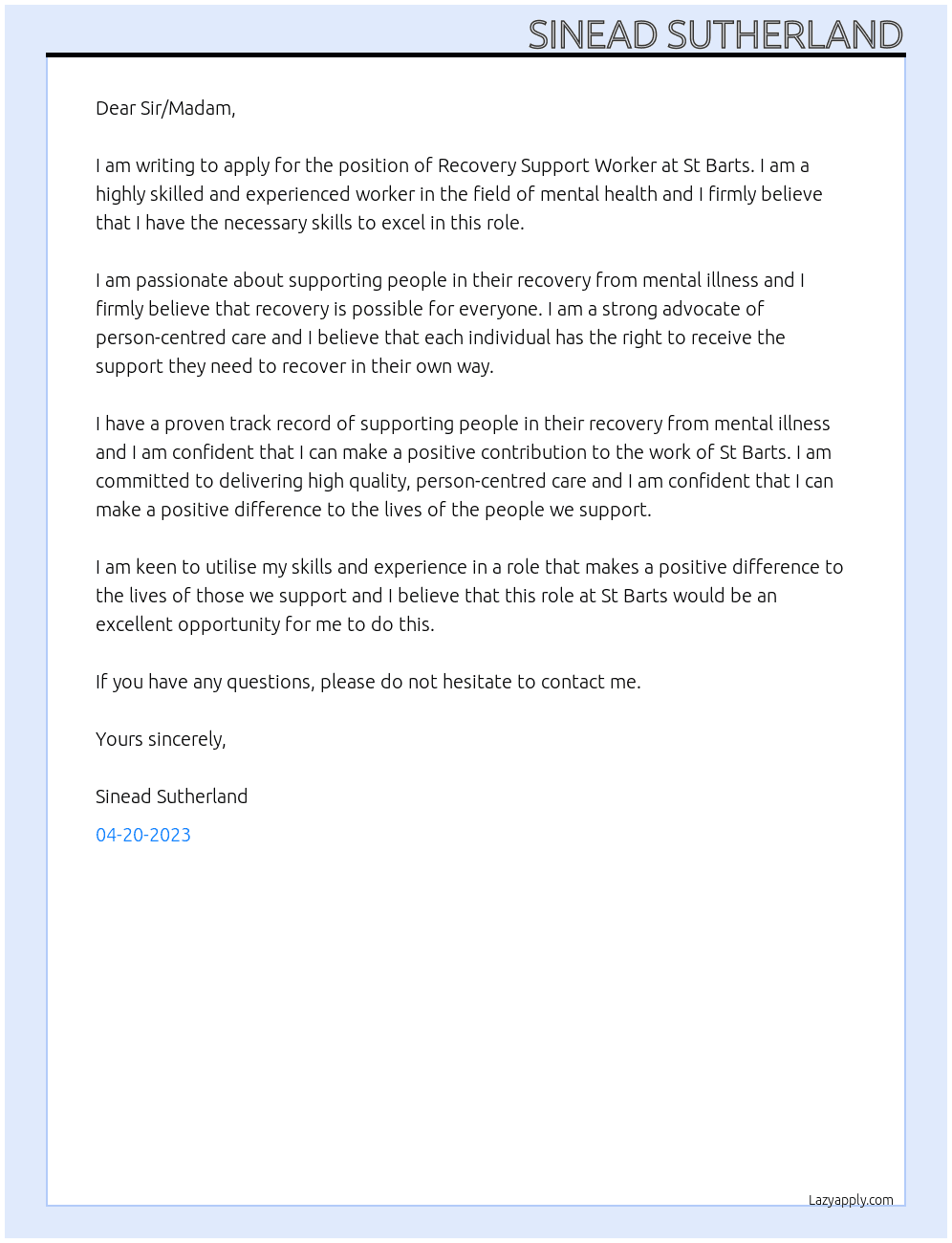 Recovery Support Worker At St Barts Cover Letter
