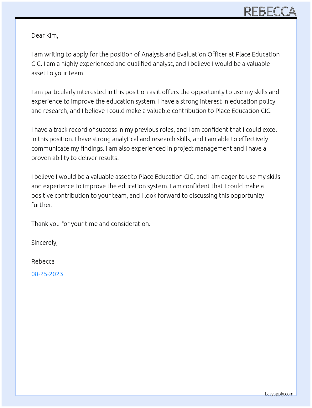 Analysis and Evaluation Officer At Place Education CIC Cover Letter