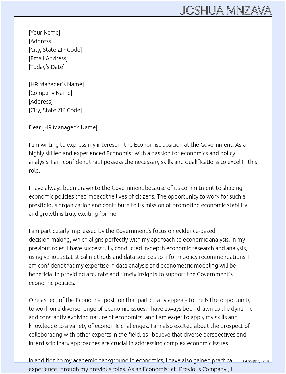 ECONOMIST  At Goverment Cover Letter