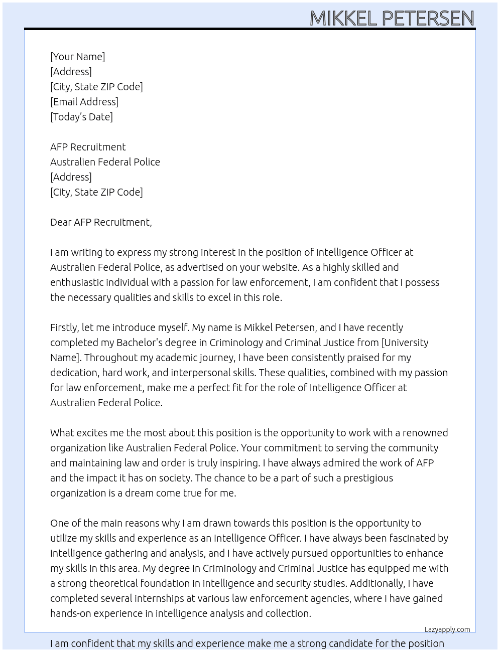 Intelligence Officer At Australien Federal Police Cover Letter