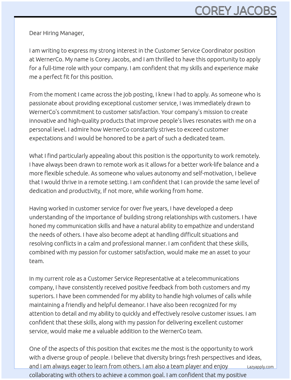 Customer Service Coordinator At WernerCo Cover Letter