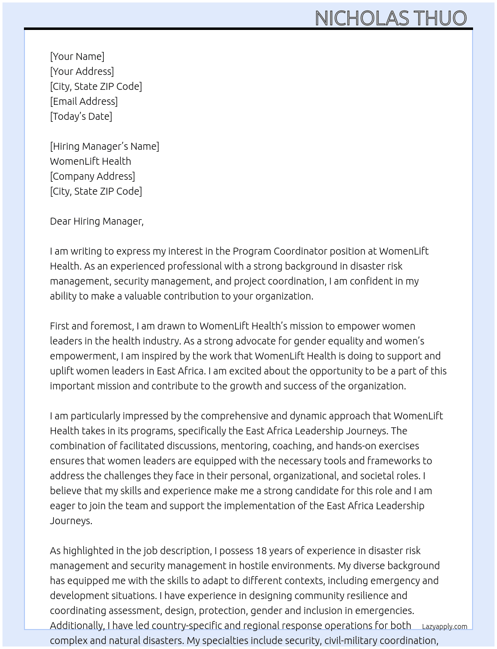 Program Coordinator At WomenLift Health Cover Letter