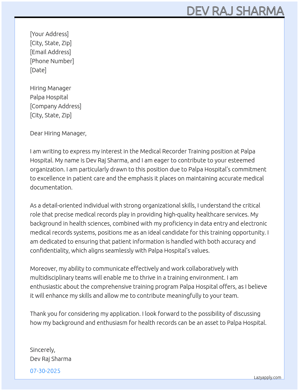 Training At Palpa Hospital Cover Letter