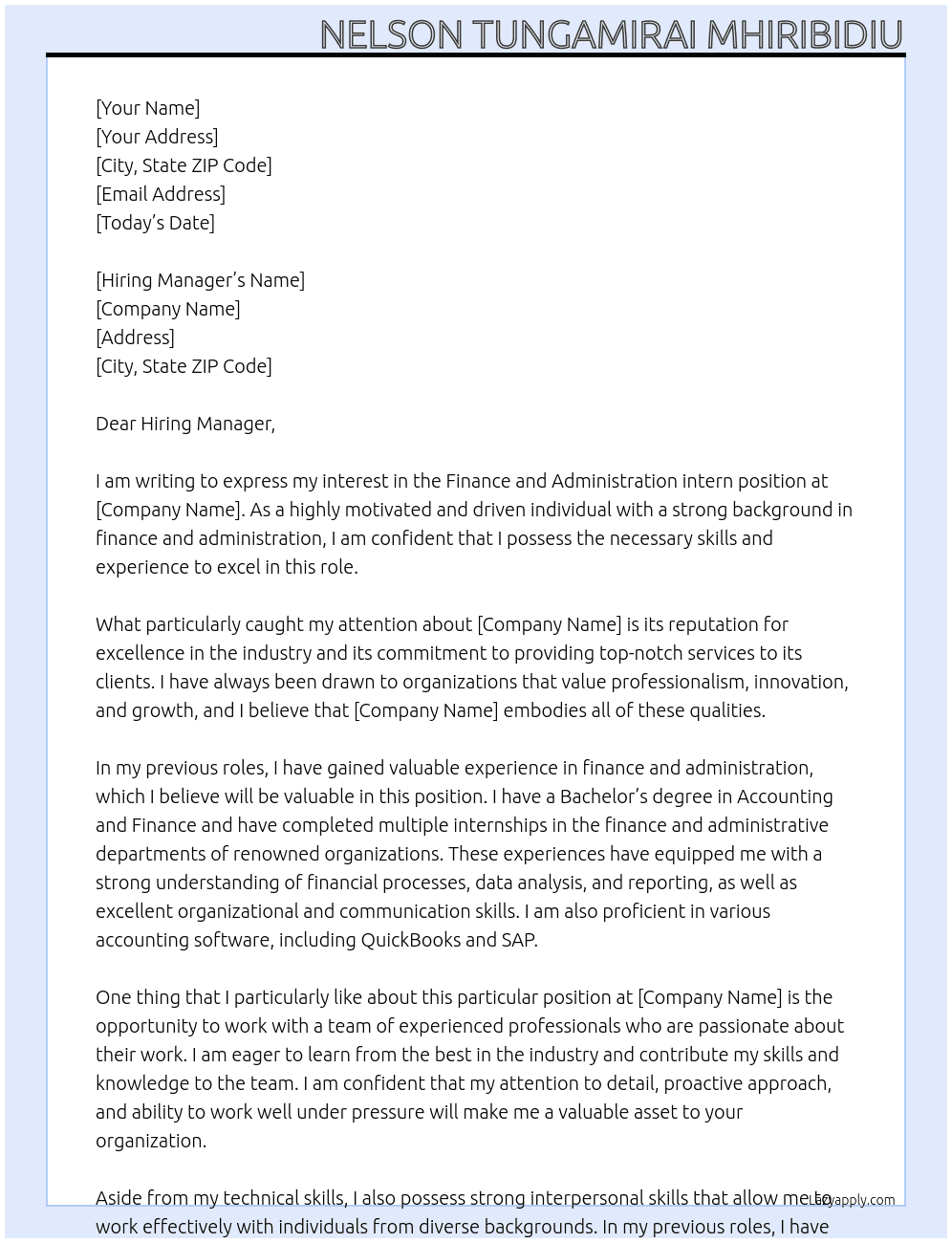 Finance and Administration intern At company Cover Letter