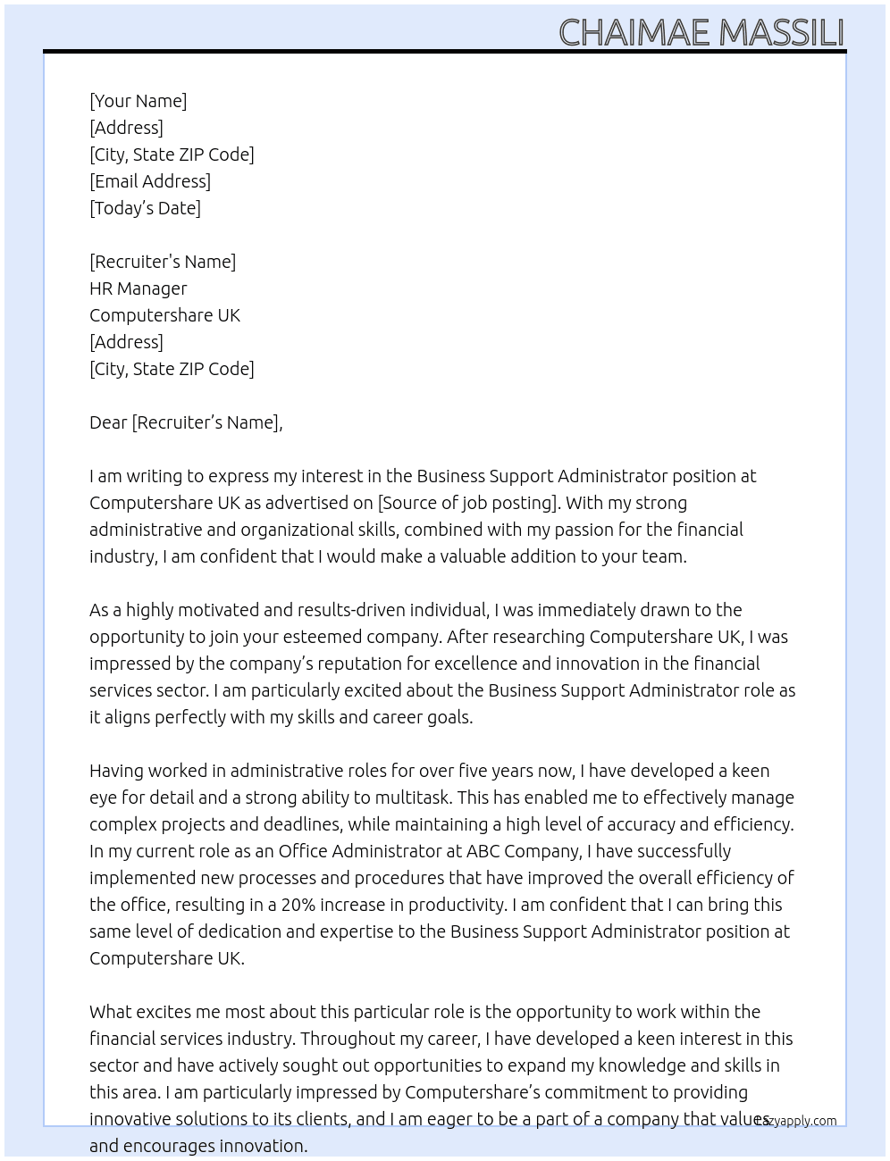 Business Support Administrator - Bristo;54 At Computershare UK  Cover Letter