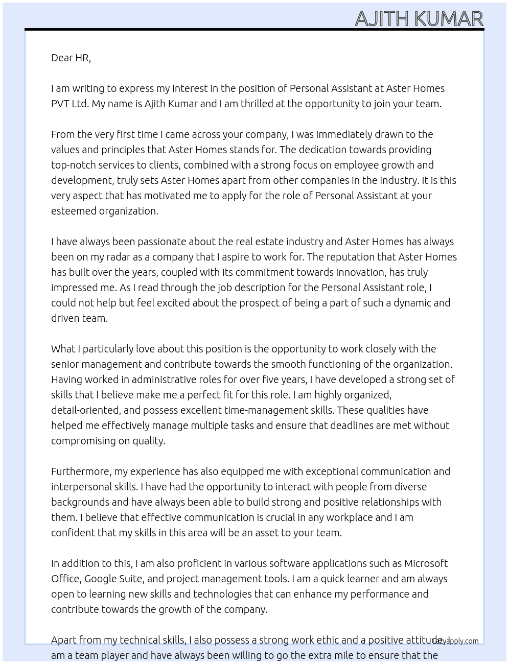 Personal Assistant At Aster Homes PVT Ltd Cover Letter