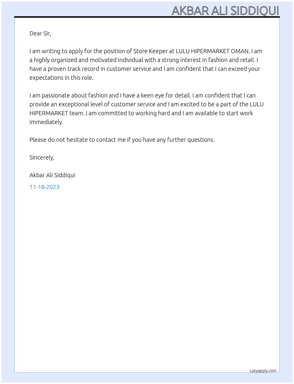 Store Keeper At LULU HIPERMARKET OMAN Cover Letter