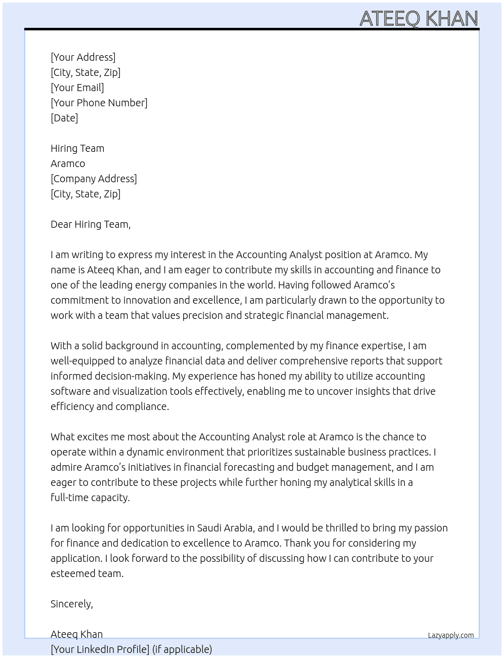 Cover letter for accounting analyst - LazyApply