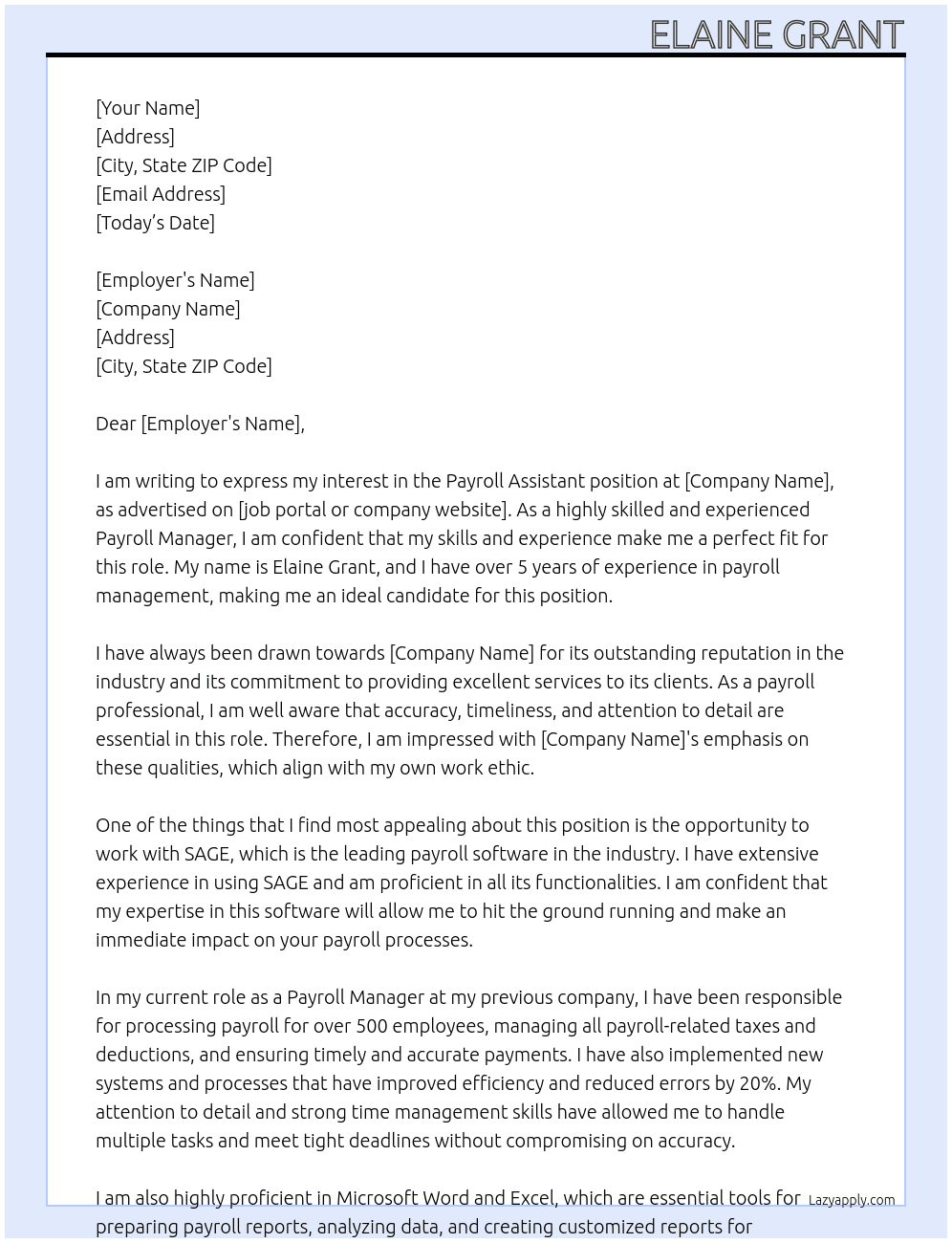 Payroll Assistant At Any Cover Letter
