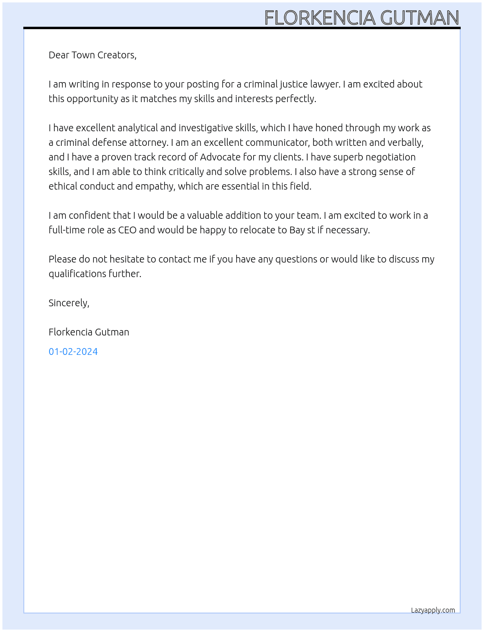 Criminal Justice Lawer At Town Cover Letter