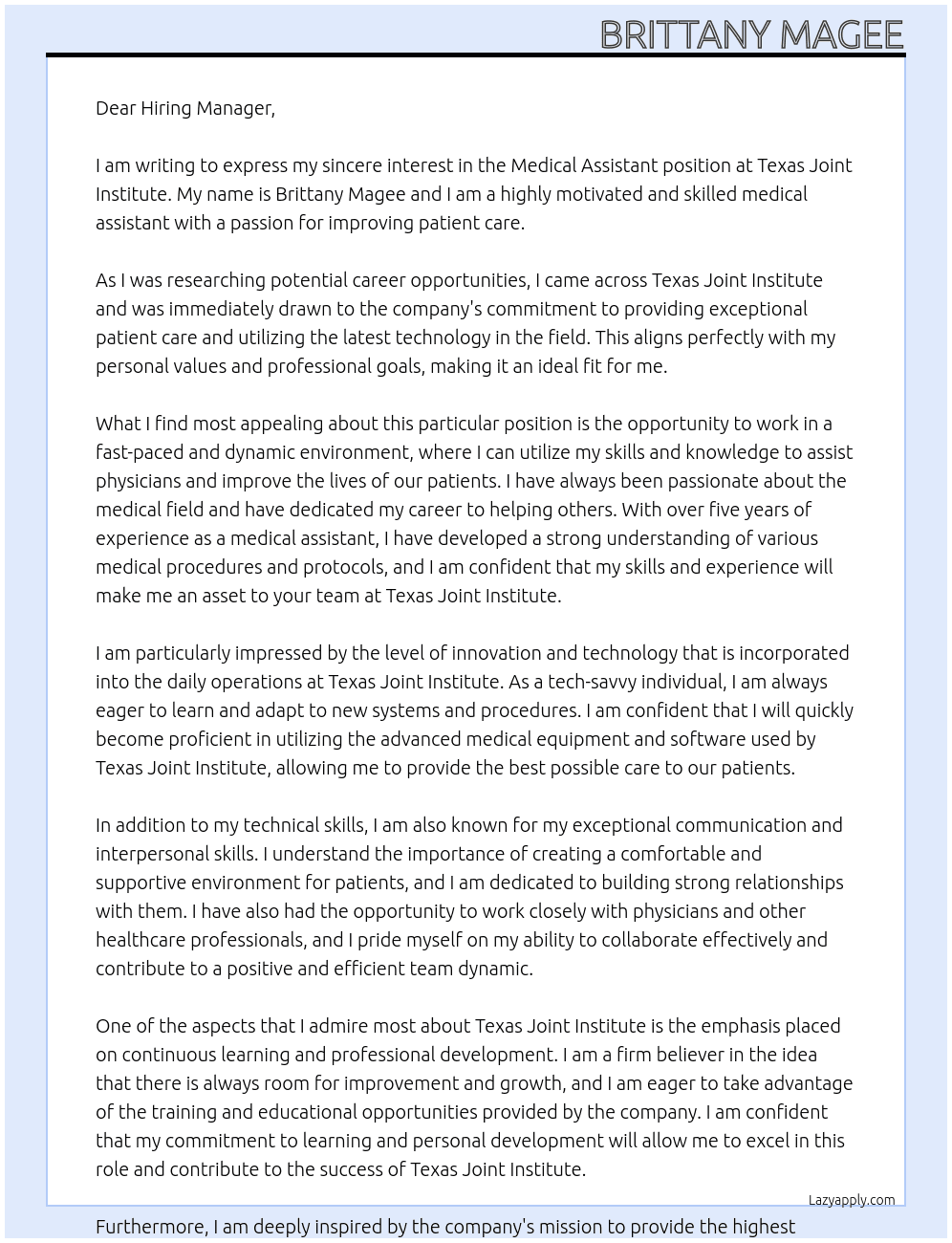 Medical assistant  At Texas Joint Institute Cover Letter